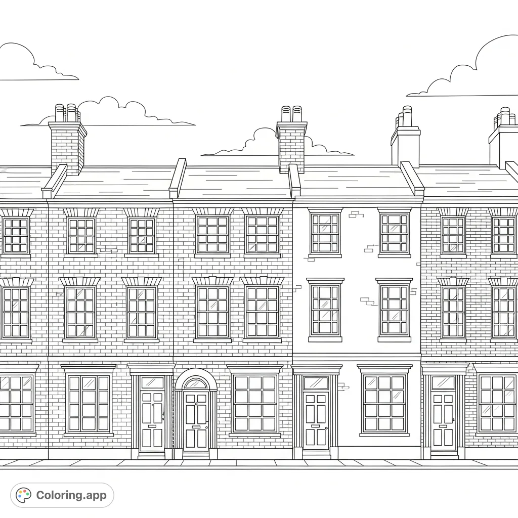 A charming coloring page depicting a row of classic townhouses with distinct architectural features like chimneys, detailed windows, and brick patterns.