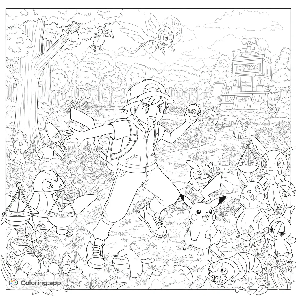 Dynamic Pokémon forest adventure coloring page featuring a trainer, Pikachu, and many Pokémon. Free printable for kids and adults!