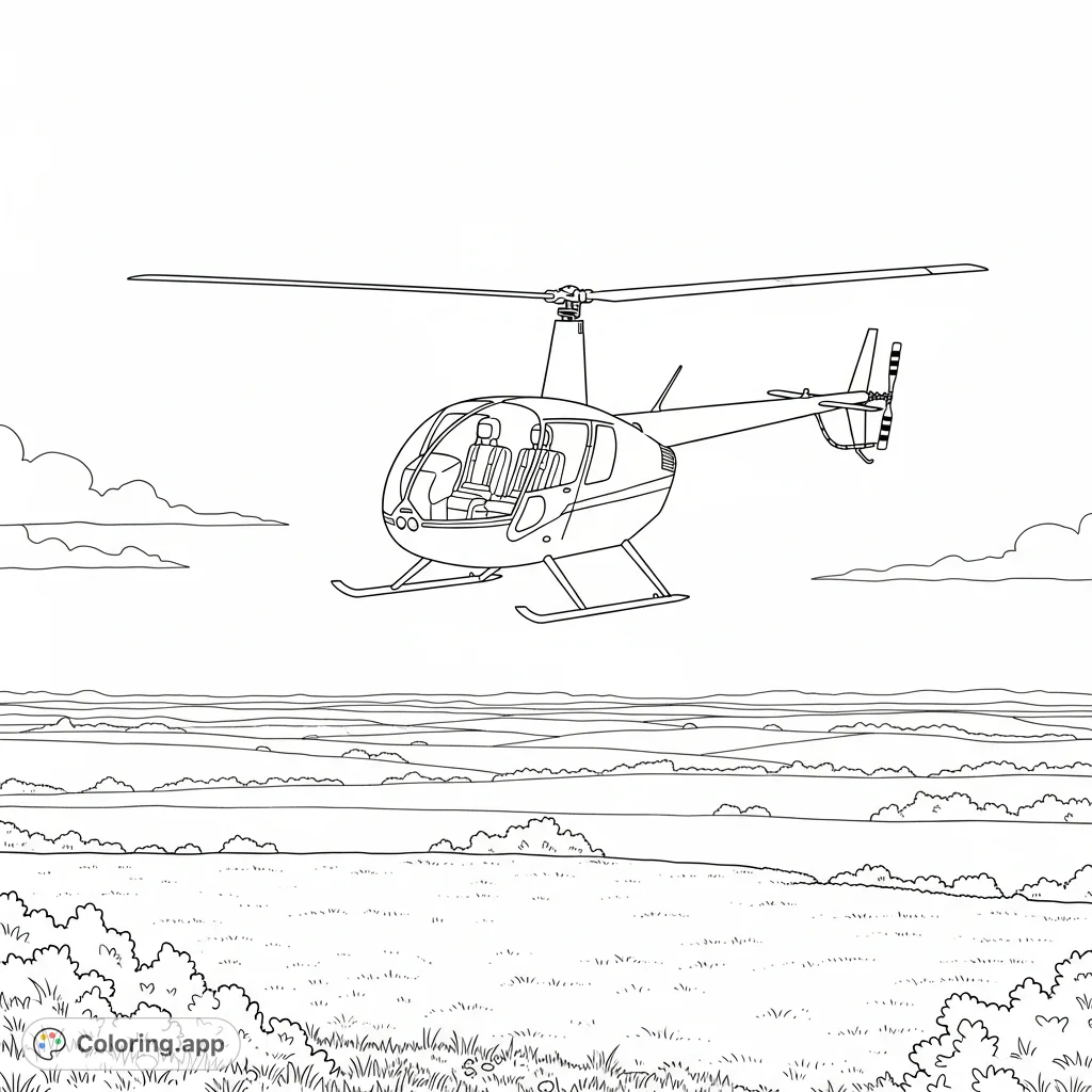A dynamic coloring page featuring a small training helicopter soaring above vast grassy fields under an open sky. Perfect for vehicle enthusiasts.
