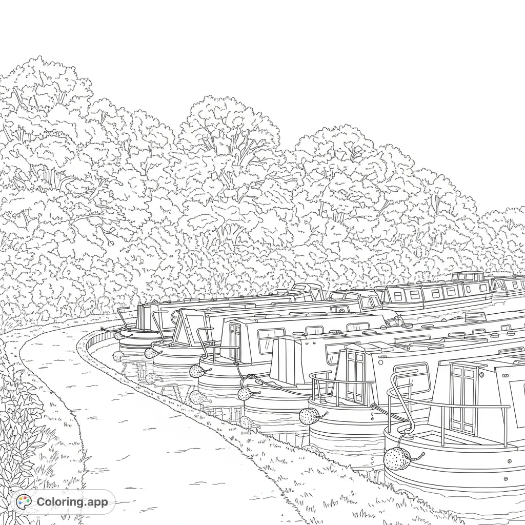 A serene canal path with traditional narrowboats moored alongside a reflective waterway, bordered by a dense, verdant treeline and clear sky.