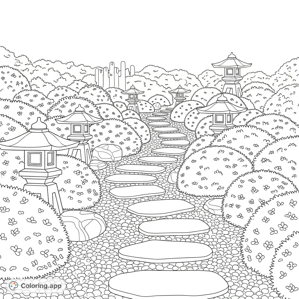 A winding garden path bordered by neat shrubs and smooth stones, with elegant lanterns illuminating the way. A peaceful scene awaits your creative touch.