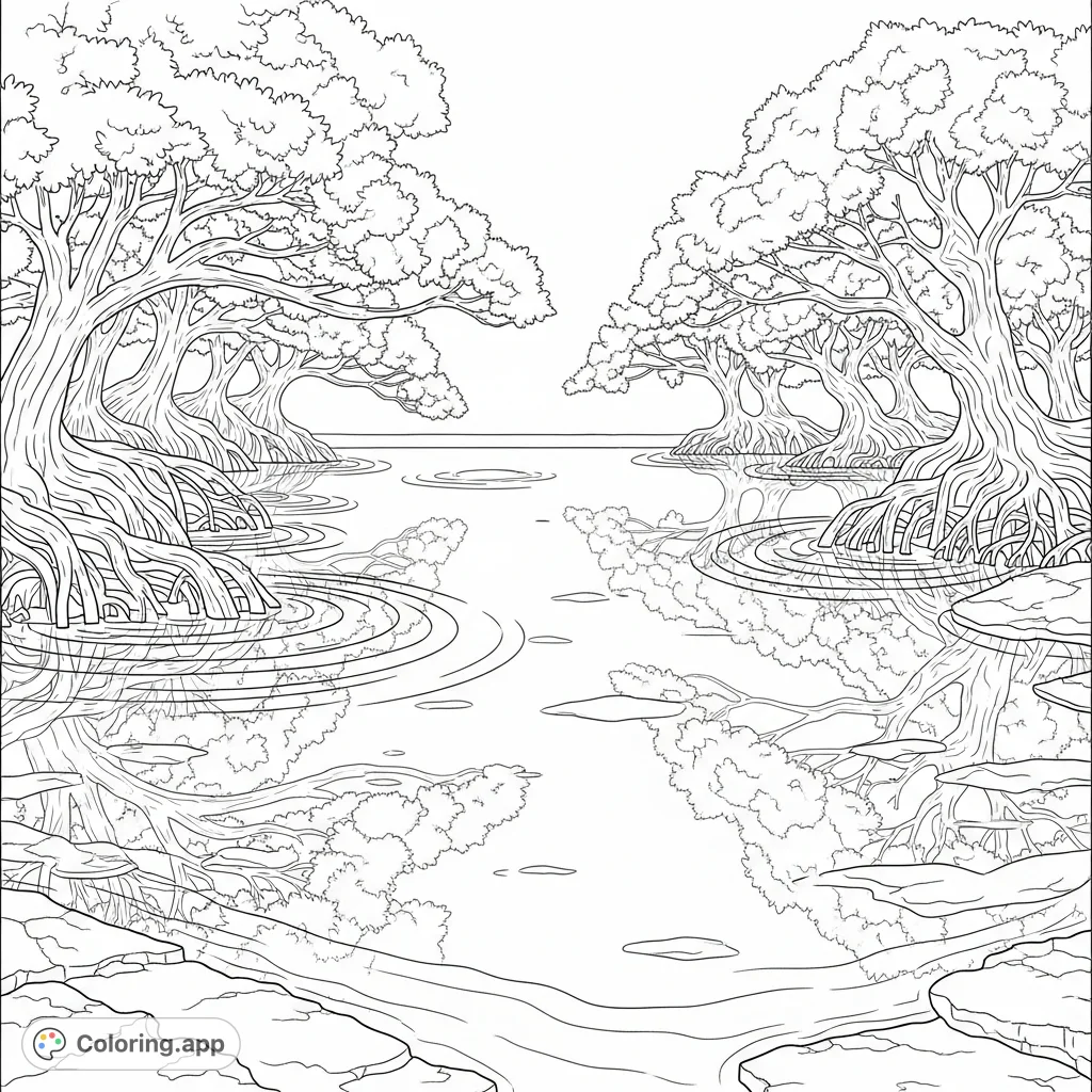 A tranquil lagoon features overhanging trees with visible roots, gracefully reflecting in the calm water. Gentle ripples extend from the banks, inviting serenity.