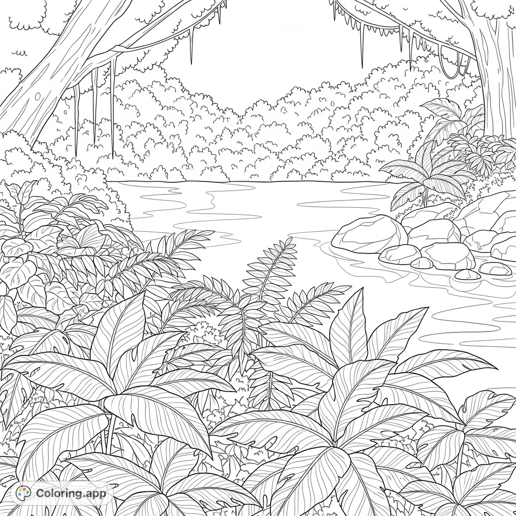 Immerse yourself in a serene rainforest inlet. Large, detailed ferns frame tranquil waters, reflecting a lush jungle backdrop and smooth river stones.