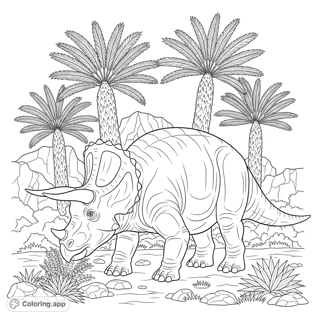 A powerful triceratops grazes peacefully amidst tall cycad plants and rocky terrain. Simplified horns make for an engaging coloring experience.