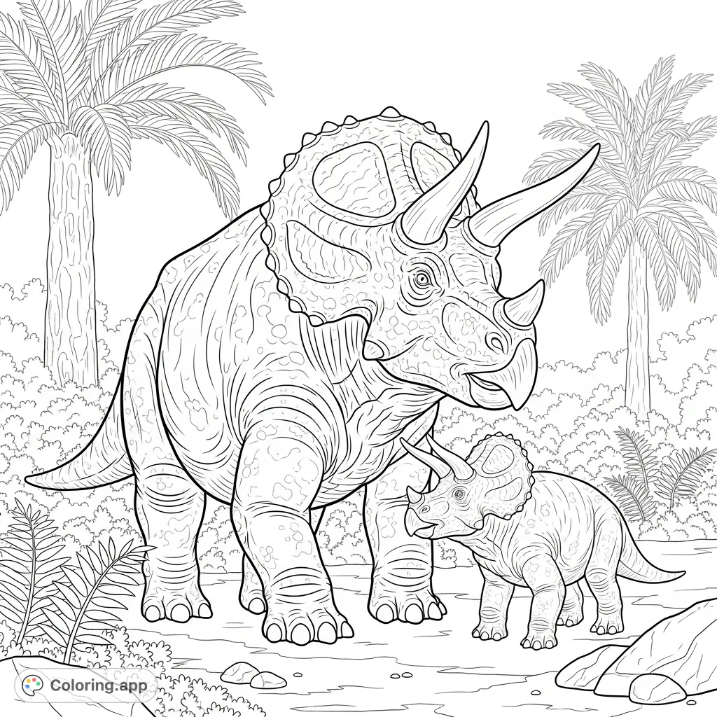 A heartwarming scene featuring a powerful triceratops mother and her baby walking through a lush prehistoric landscape, perfect for coloring.