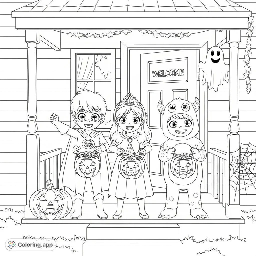 Three costumed children—a superhero, princess, and monster—eagerly await treats on a festive porch adorned with a jack-o'-lantern and ghost.