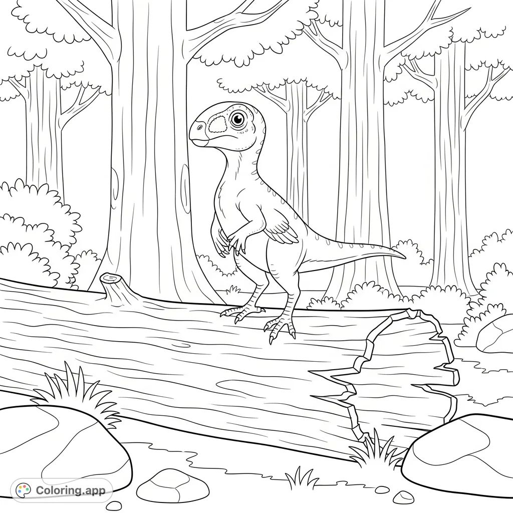 A small, agile troodon dinosaur perches on a textured fallen log in a simplified ancient forest. Detailed features invite focused coloring.