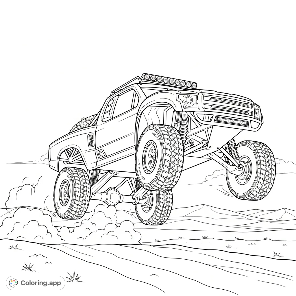 Experience the thrill of off-road racing with this dynamic trophy truck coloring page, captured mid-air over a desert jump with extended suspension.
