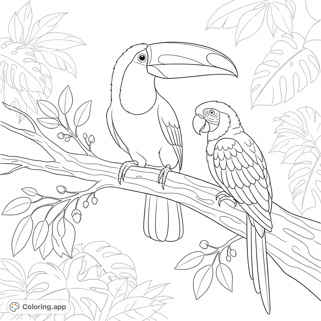 A beautiful coloring page featuring a toucan and a parrot sharing a sturdy tree branch amidst lush tropical foliage. Ideal for nature and bird enthusiasts.