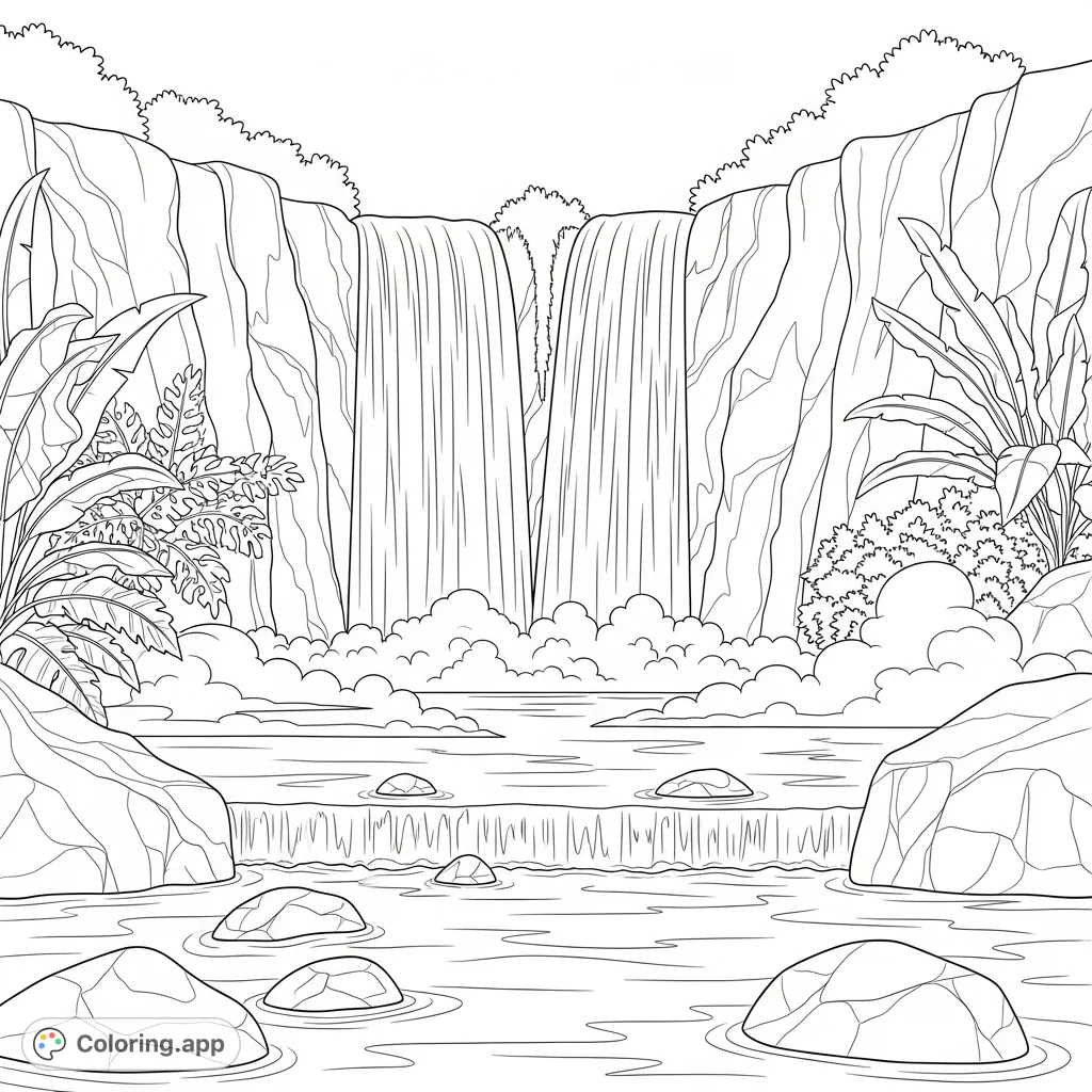 A majestic double-drop tropical waterfall cascades into two serene pools, framed by lush plants and mist clouds, inviting tranquil coloring.