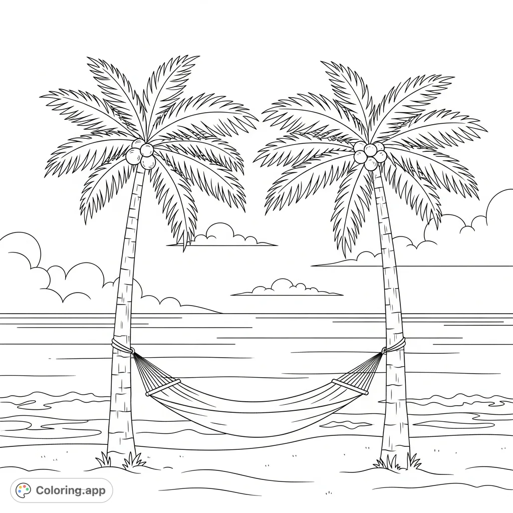 Relax in a serene tropical scene featuring a cozy hammock between two palm trees, overlooking a calm ocean with fluffy clouds on the horizon.