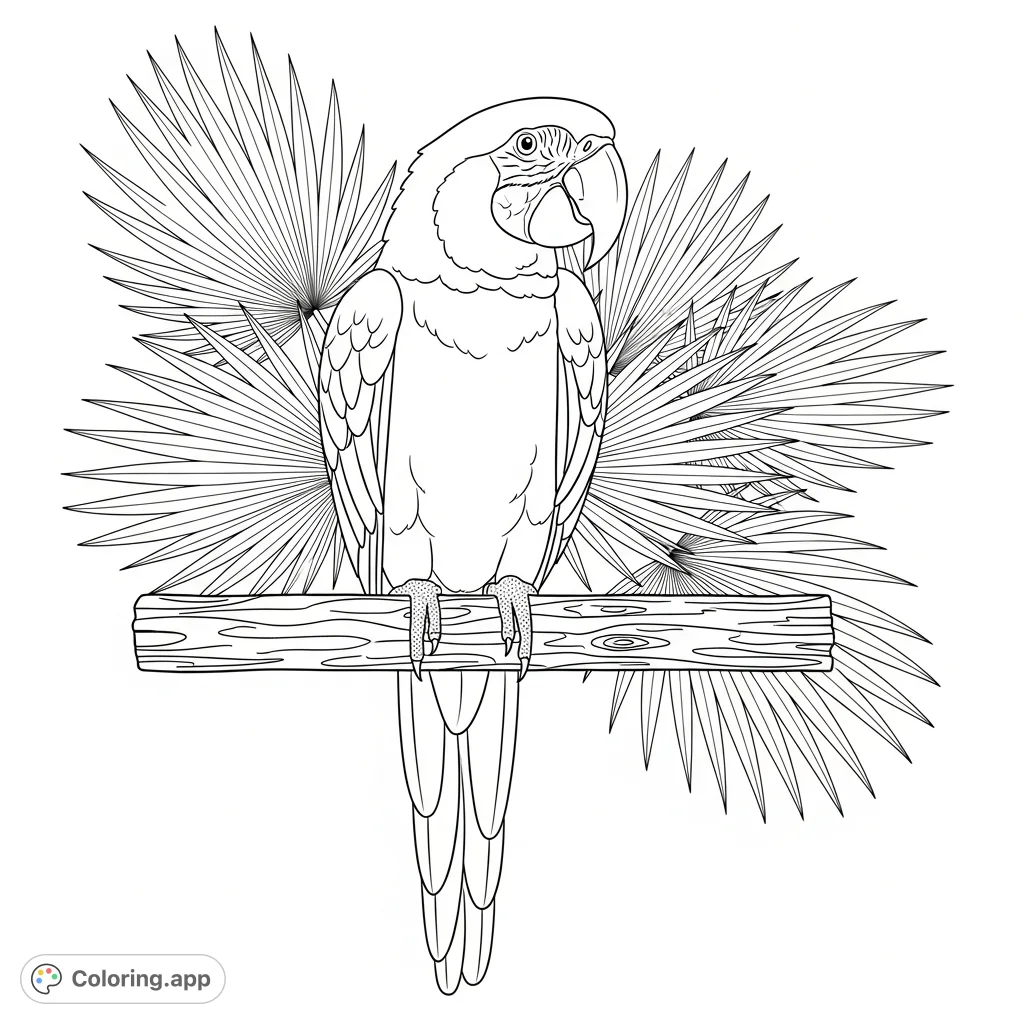 A detailed coloring page featuring a tropical parrot perched on wood, framed by lush palm fronds. Perfect for nature lovers!