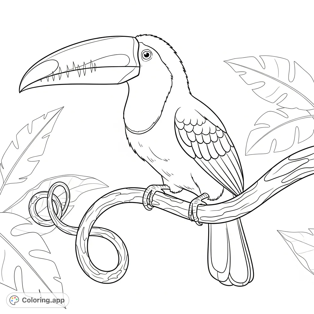 A detailed tropical toucan with its signature large beak, perched gracefully on a thick jungle vine, surrounded by subtle background foliage for a serene scene.