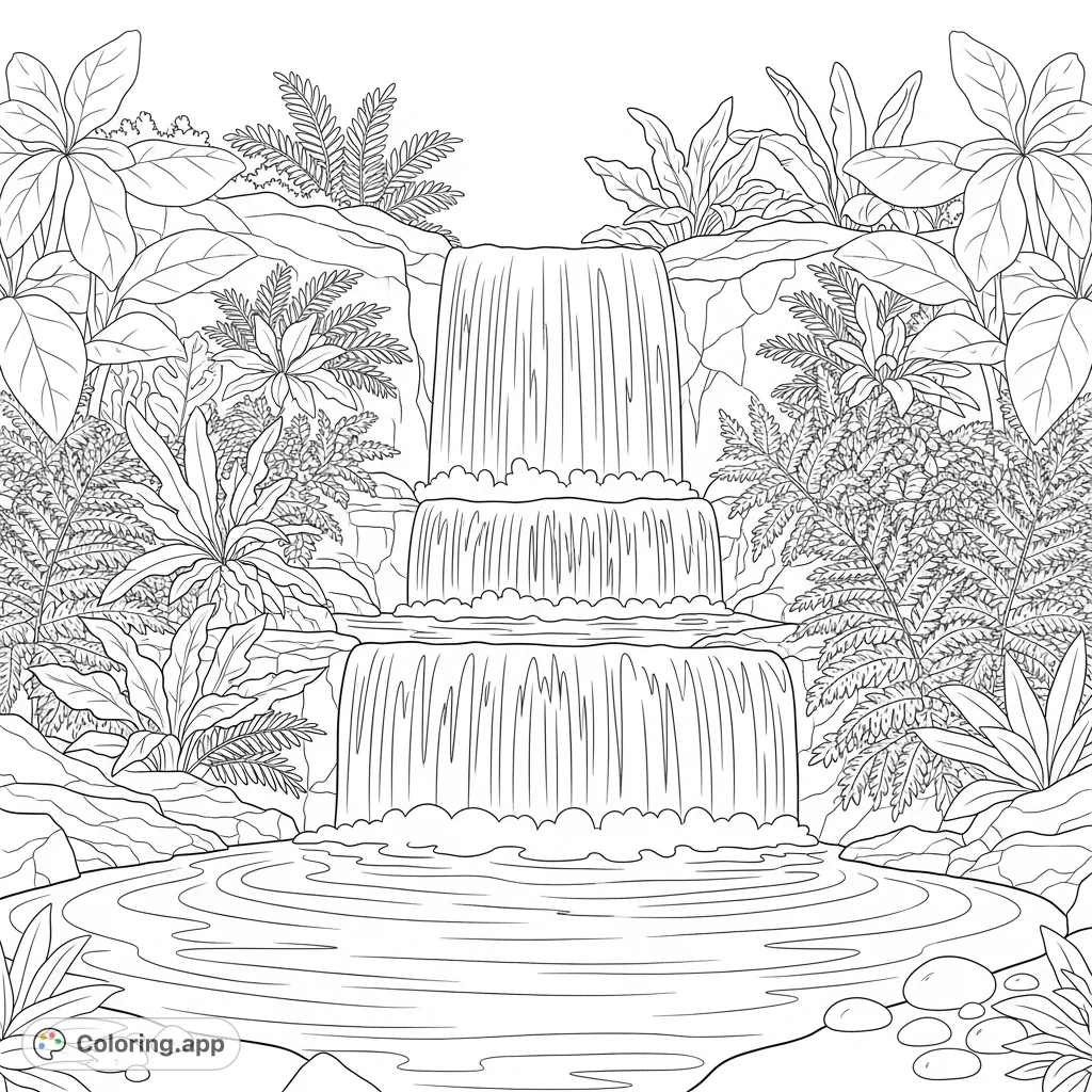 Immerse yourself in a serene tropical oasis. A powerful waterfall plunges into a calm pool, framed by abundant ferns and exotic broad-leafed plants.