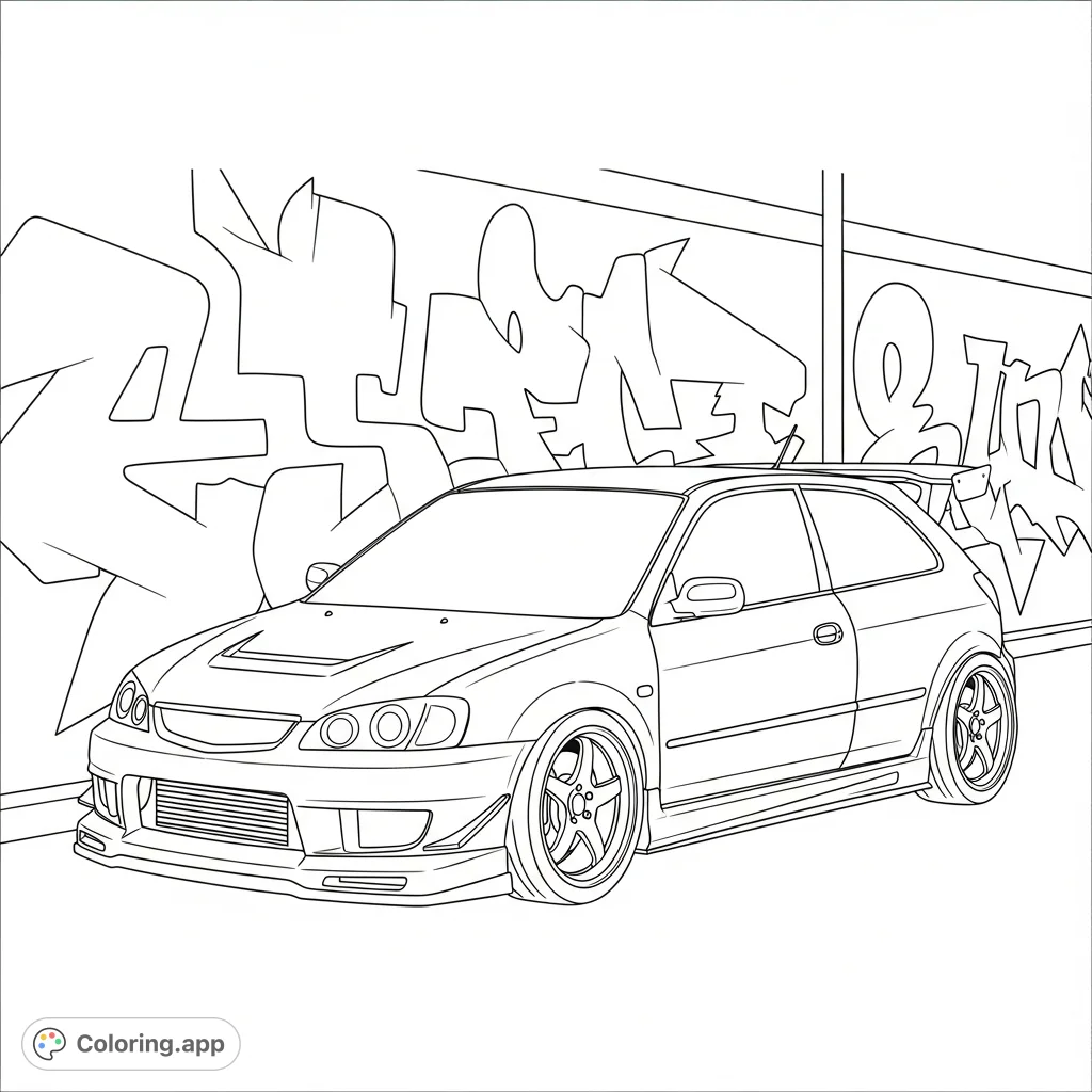 A dynamic hatchback tuner car, featuring a sleek roof spoiler and prominent side skirts, is parked alongside an urban wall covered in bold graffiti silhouettes.