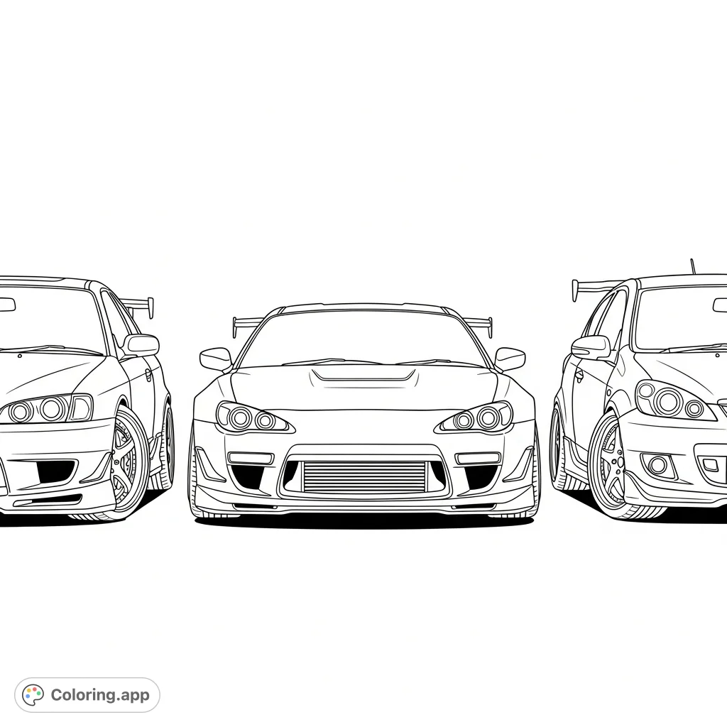 A detailed coloring page featuring a symmetrical lineup of three tuner-style vehicles: a coupe, sedan, and hatchback, each with unique modifications.