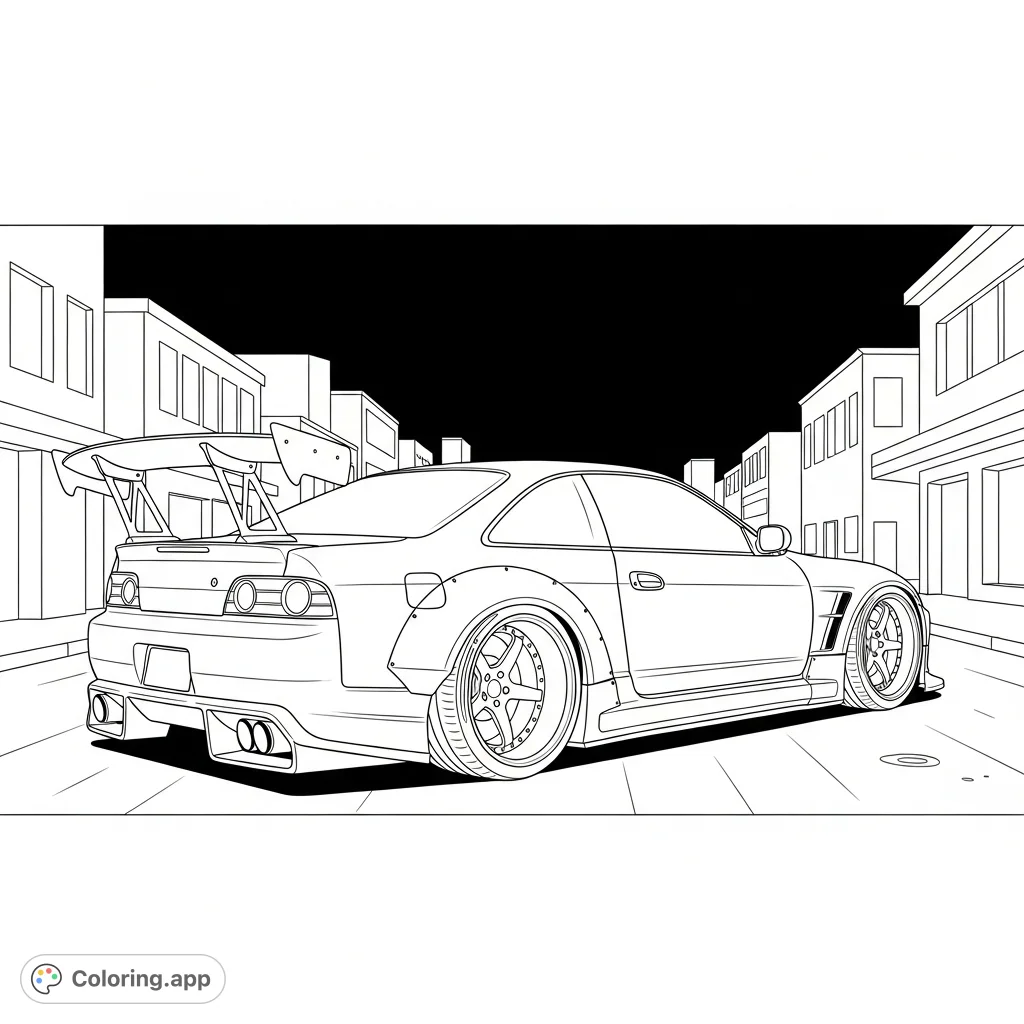 A powerful tuner-style coupe with widebody fenders and a large rear wing is parked on a simplified night street, ready for a creative touch.