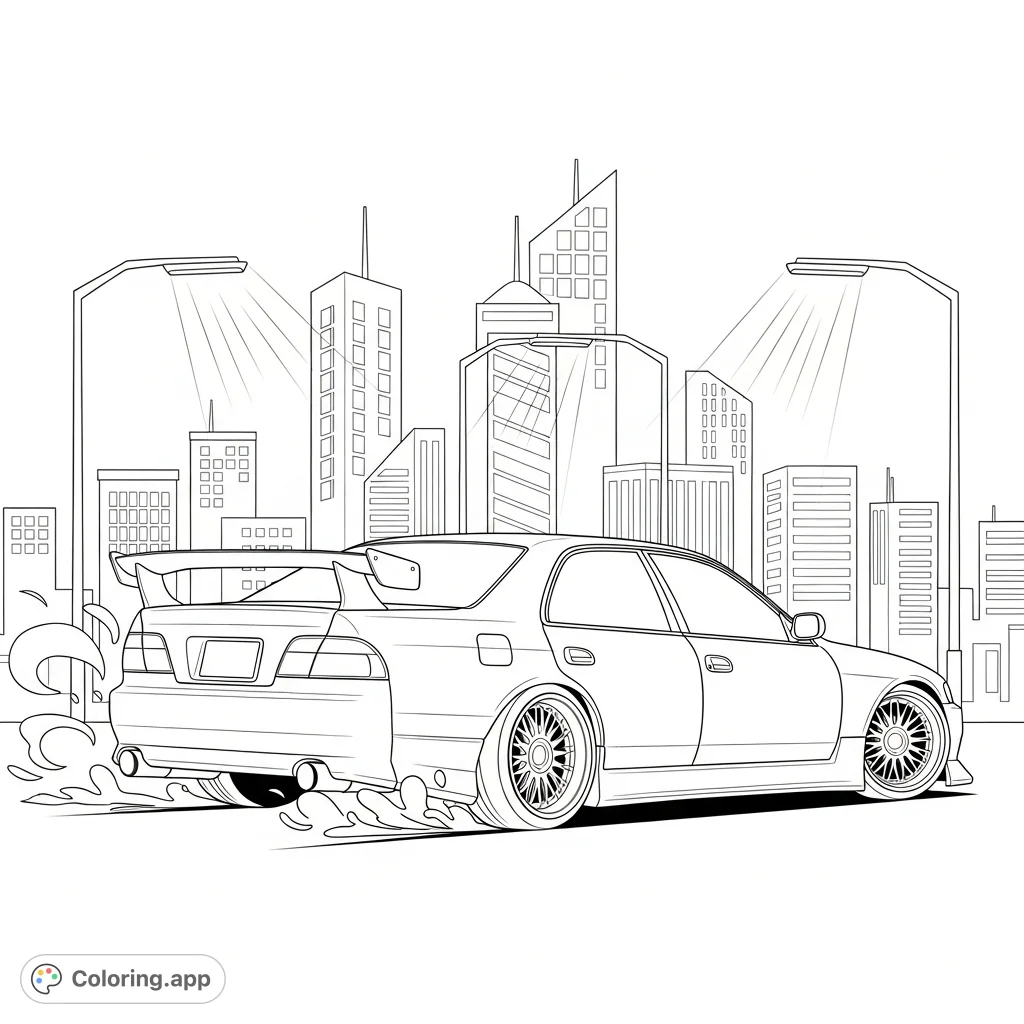 An action-packed coloring page featuring a powerful tuner sedan drifting through a stylized city at night, with geometric buildings and dynamic motion.