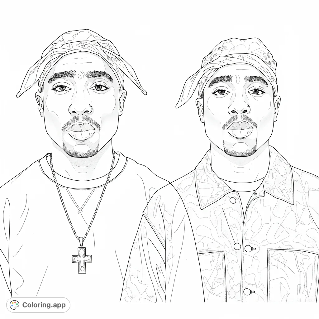 Two iconic portraits of Tupac Shakur, featuring his signature bandanas and distinct styles, ready for vibrant coloring. A free printable coloring page.