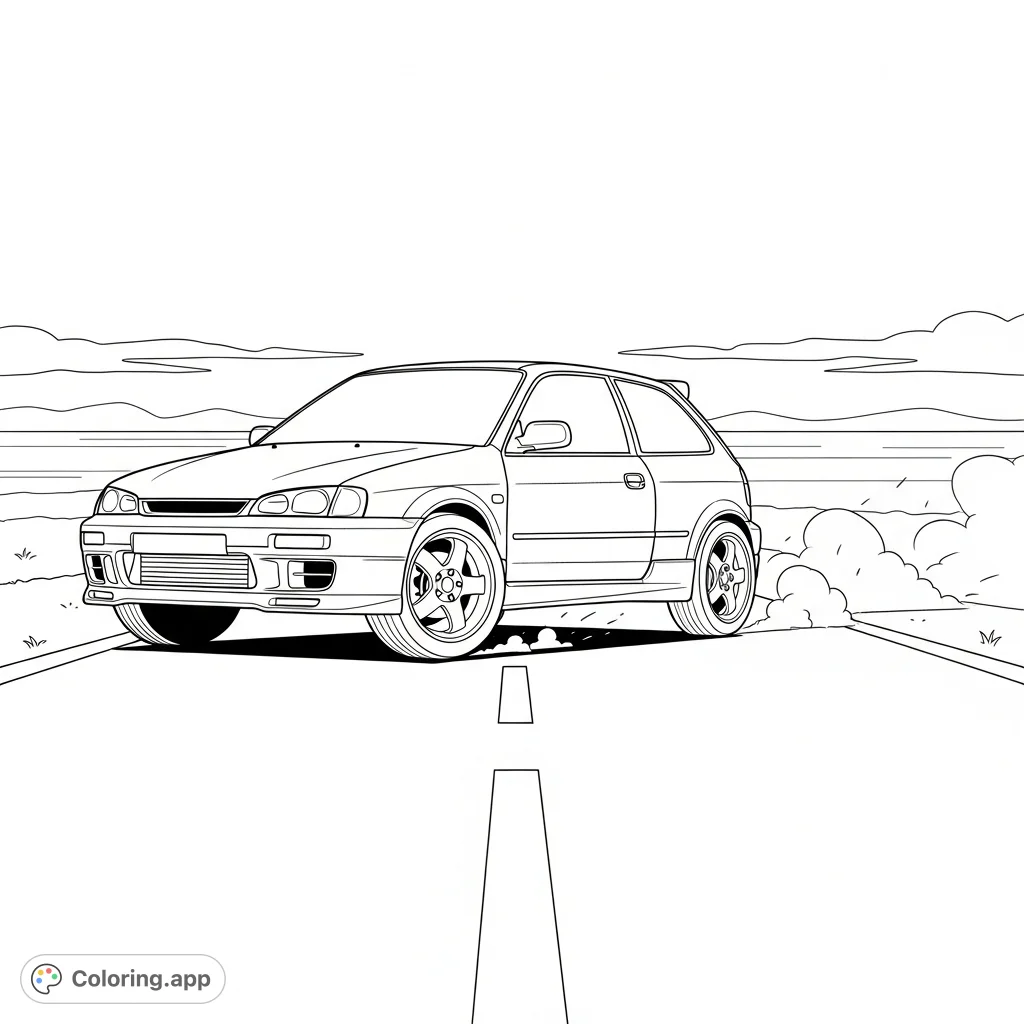 A dynamic coloring page featuring a sporty turbo hatchback in a launching pose, with minimal dust and simple road lines for a sleek, fast aesthetic.