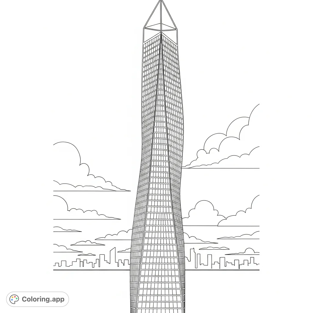 Color a dynamic, twisting skyscraper with geometric glass panels dominating a minimalist city skyline. A challenging modern architectural design.