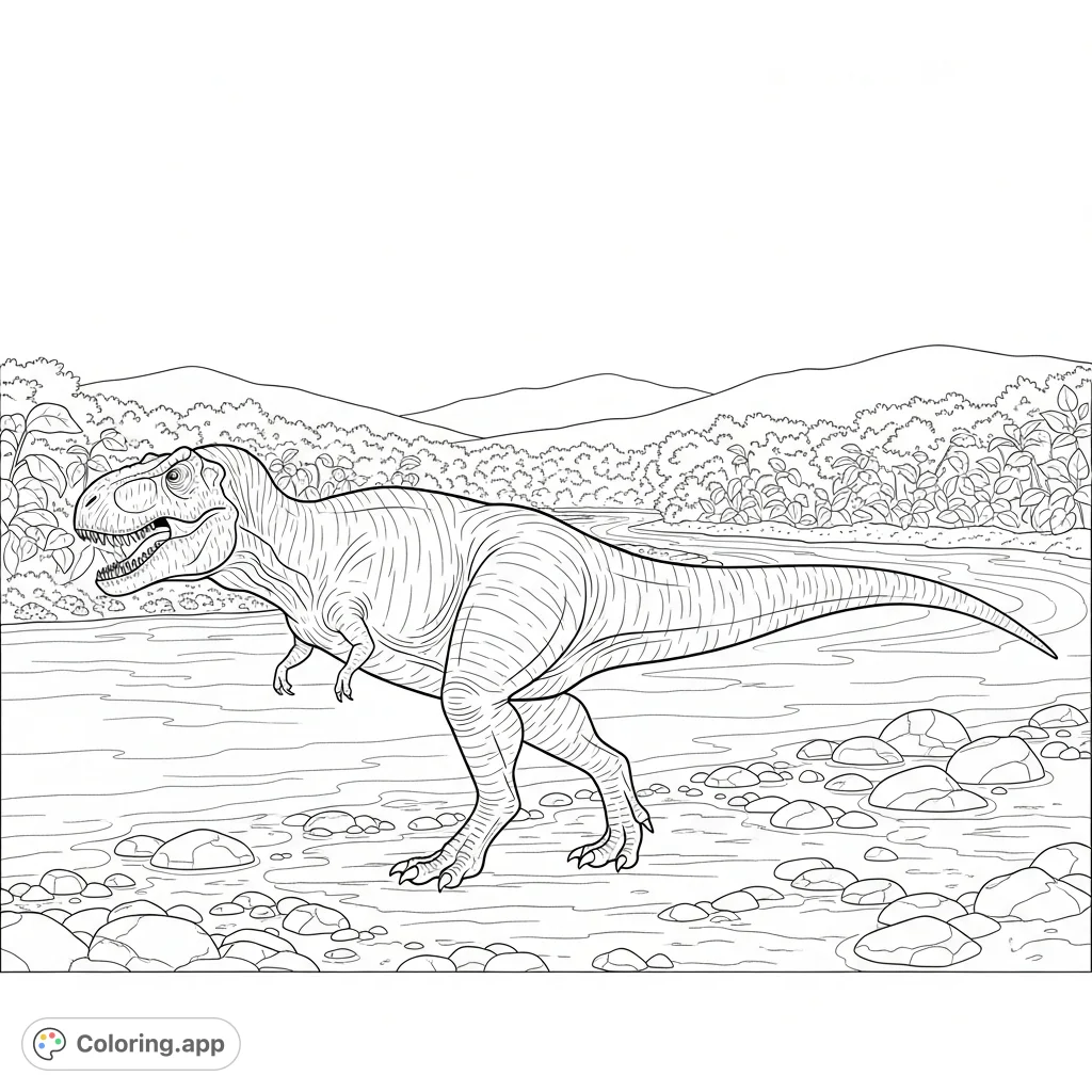Color a majestic Tyrannosaurus Rex walking peacefully along a serene prehistoric river, surrounded by lush flora and distant hills. A calming scene.