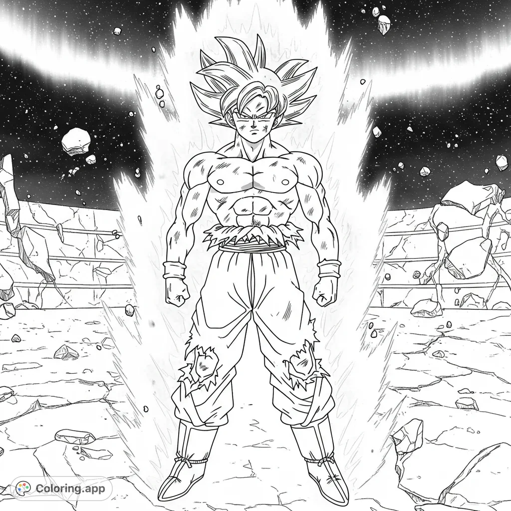 Dynamic anime warrior powering up in a destroyed arena under a cosmic sky. A free printable anime warrior coloring page for action fans.