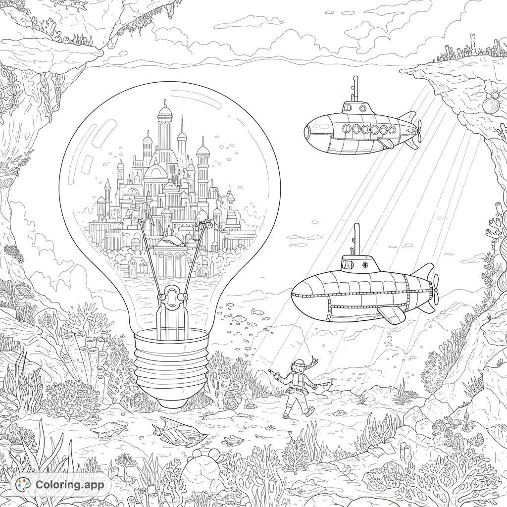 Dive into an enchanting underwater fantasy coloring page featuring a city in a lightbulb, submarines, and a diver amidst vibrant coral reefs.