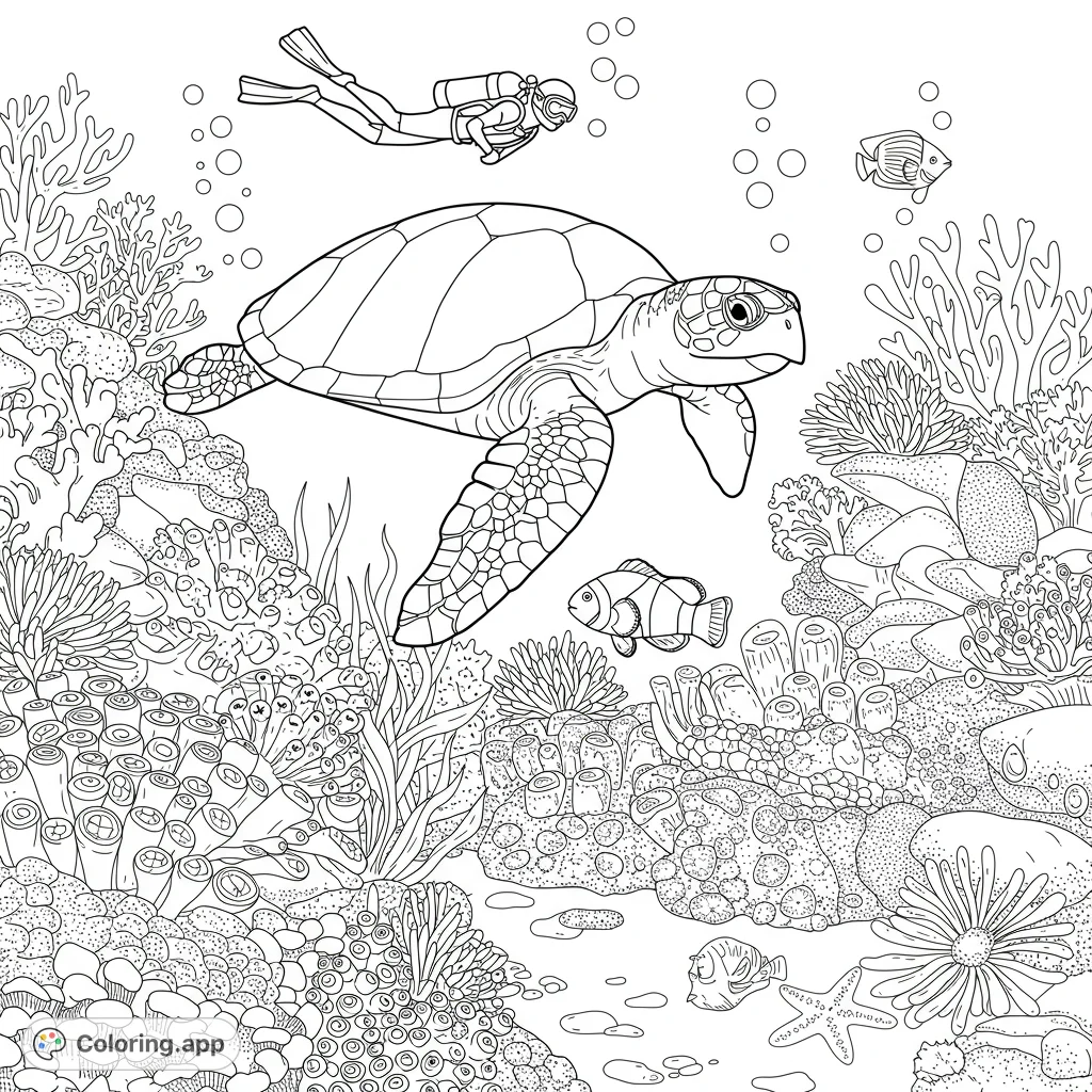 Dive into an enchanting underwater coral reef scene featuring a majestic sea turtle, a curious scuba diver, and vibrant marine life. Perfect for ocean lovers!