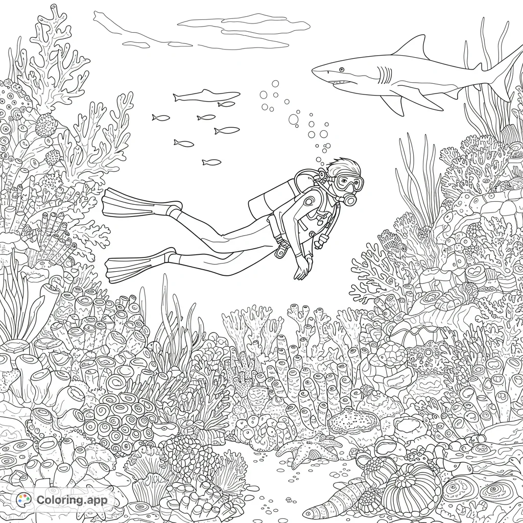 Explore a vibrant underwater scene with a scuba diver, majestic shark, and intricate coral reef. A free printable ocean adventure coloring page.