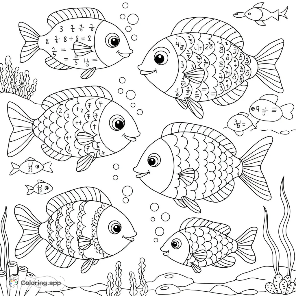Dive into an educational underwater math coloring page featuring friendly fish with equations on their scales, surrounded by bubbles and seaweed.