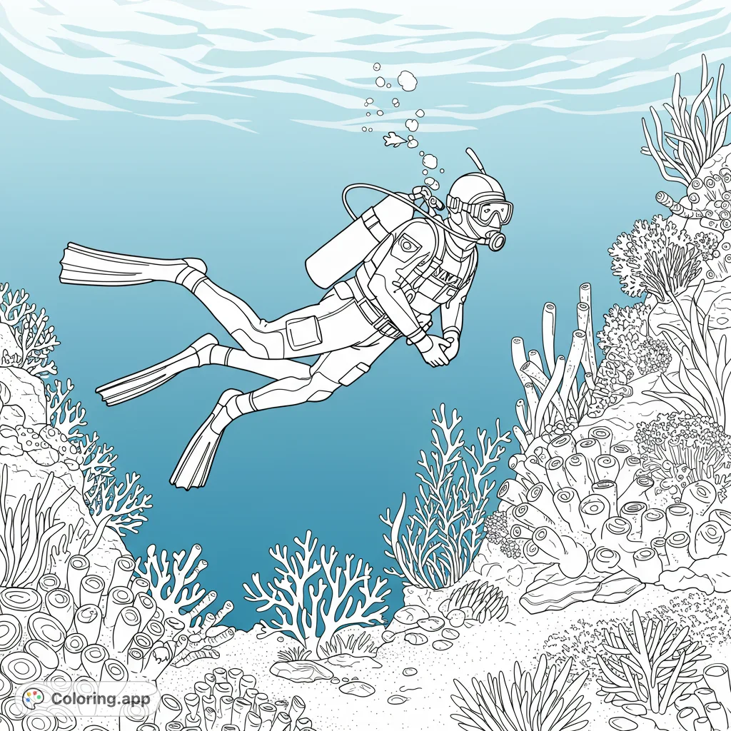Dive into an exciting underwater scuba diver coloring page, exploring a vibrant coral reef. Free printable ocean adventure for kids and adults.