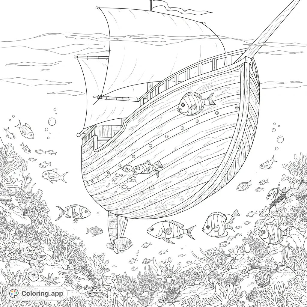Explore a detailed underwater shipwreck coloring page, surrounded by vibrant coral reefs and diverse marine life. A free printable ocean adventure!