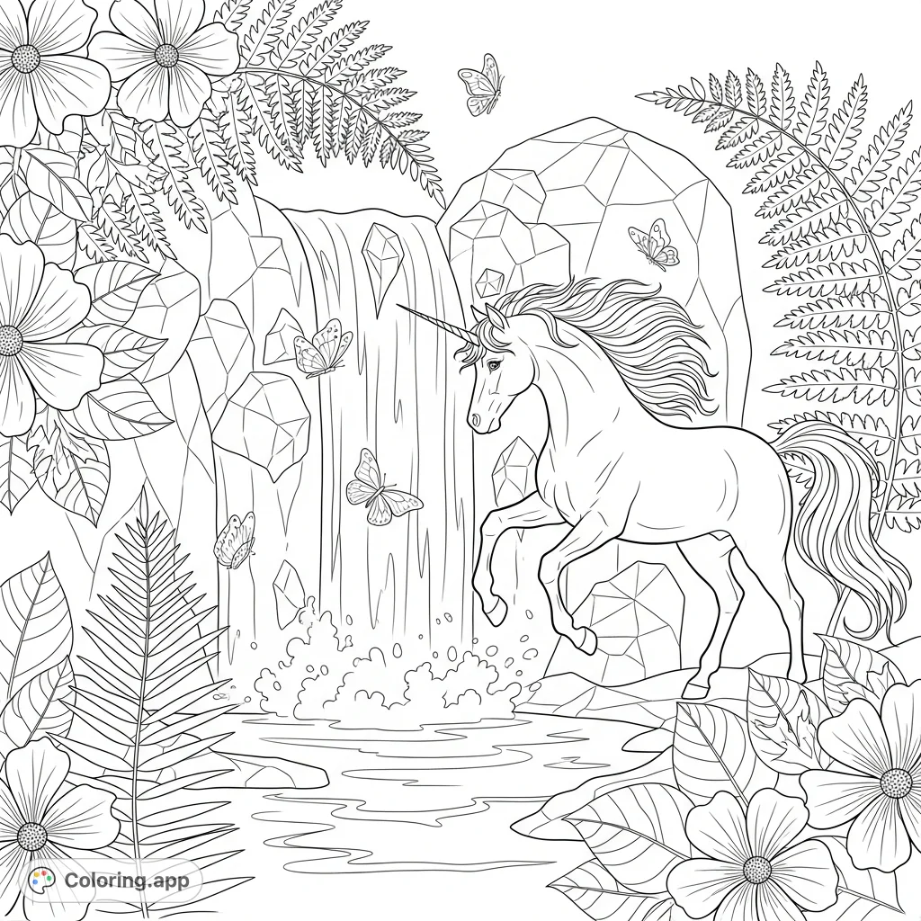 A majestic unicorn prances by a clear waterfall, surrounded by lush ferns and exotic blossoms, with butterflies dancing in the misty air. A magical scene.