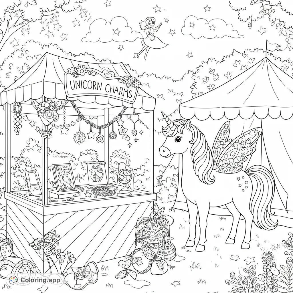 A magical unicorn and fairy explore a whimsical 'Unicorn Charms' market stall, surrounded by stars and fantasy elements. A delightful free printable coloring page.