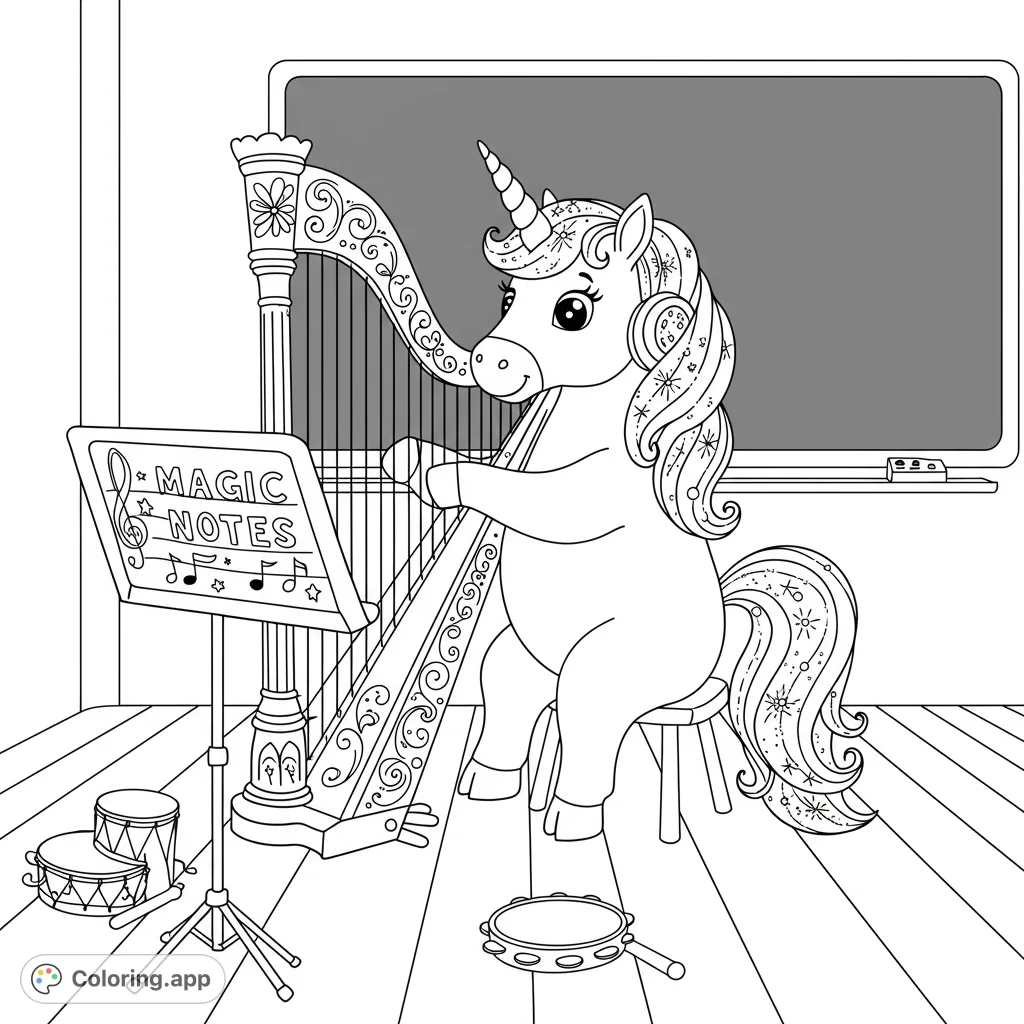 A charming unicorn plays a magical harp in a music room, surrounded by instruments. A delightful unicorn coloring page for kids and adults.