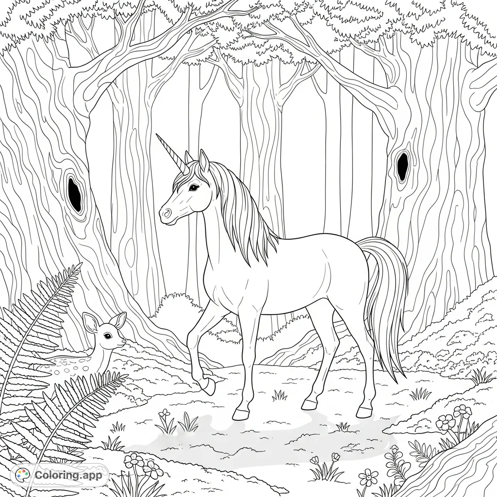 Discover a majestic unicorn within an enchanted forest, featuring ancient trees, wildflowers, and a curious fawn. A magical, free printable coloring page.