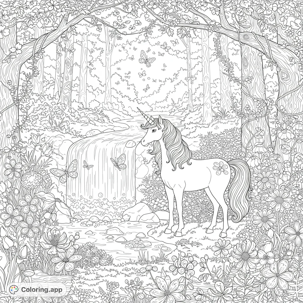 Discover a majestic unicorn by a magical waterfall in an enchanted forest, surrounded by butterflies and intricate flowers. A free printable fantasy coloring page.