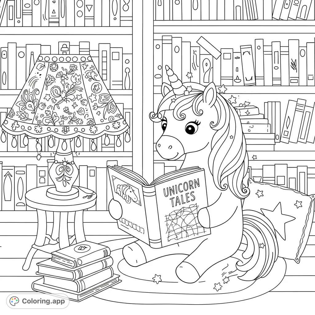 A charming unicorn reads a book in a cozy library nook, surrounded by bookshelves and a detailed lamp. A magical unicorn coloring page for all ages.