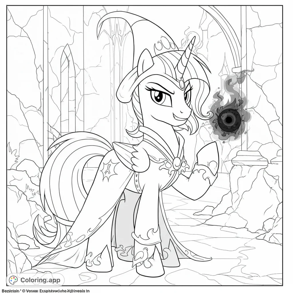 A powerful unicorn sorceress in a flowing robe, wielding dark magic in ancient ruins. A magical fantasy adventure awaits your colors!