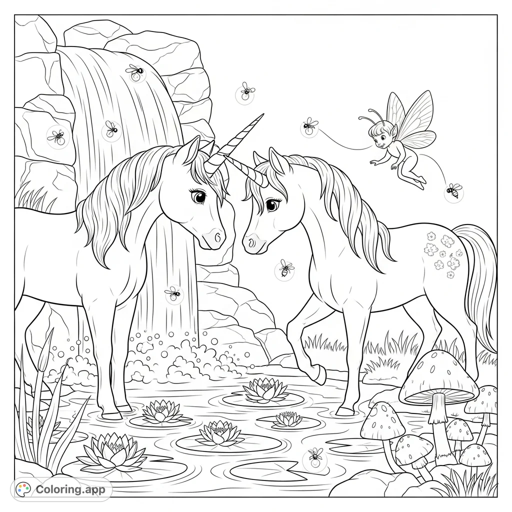 Immerse yourself in a magical twilight scene featuring two young unicorns, a shimmering waterfall, and a shy sprite amidst glowing fireflies and luminous mushrooms.