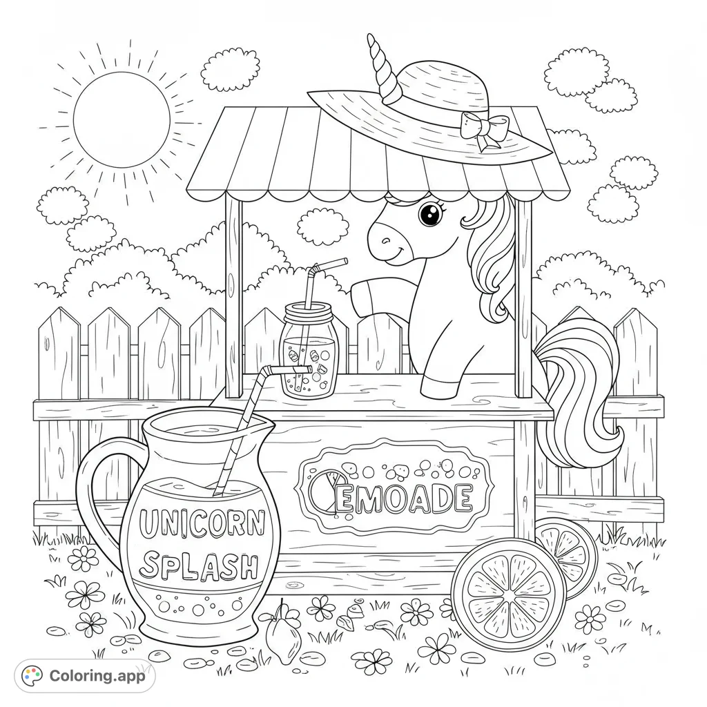 A delightful unicorn runs a charming lemonade stand, offering refreshing drinks. Perfect for a magical summer coloring adventure!