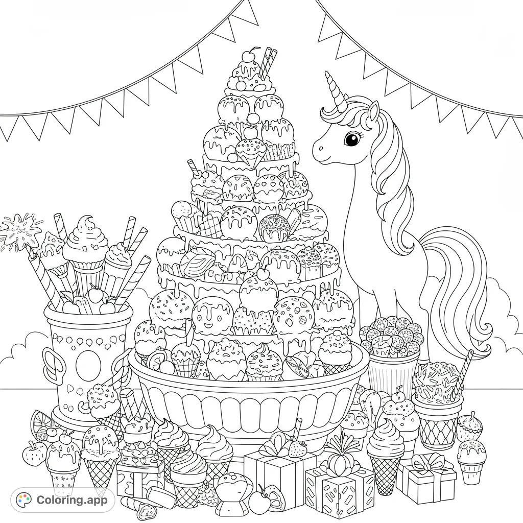 A magical unicorn celebrates with a towering ice cream and cupcake feast, surrounded by sweet treats and gifts. Perfect for a whimsical coloring adventure!