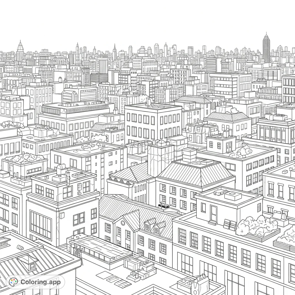 Explore a stylized aerial city, coloring intricate blocks, diverse rooftops, and a dynamic skyline. A detailed urban landscape awaits your creative touch.
