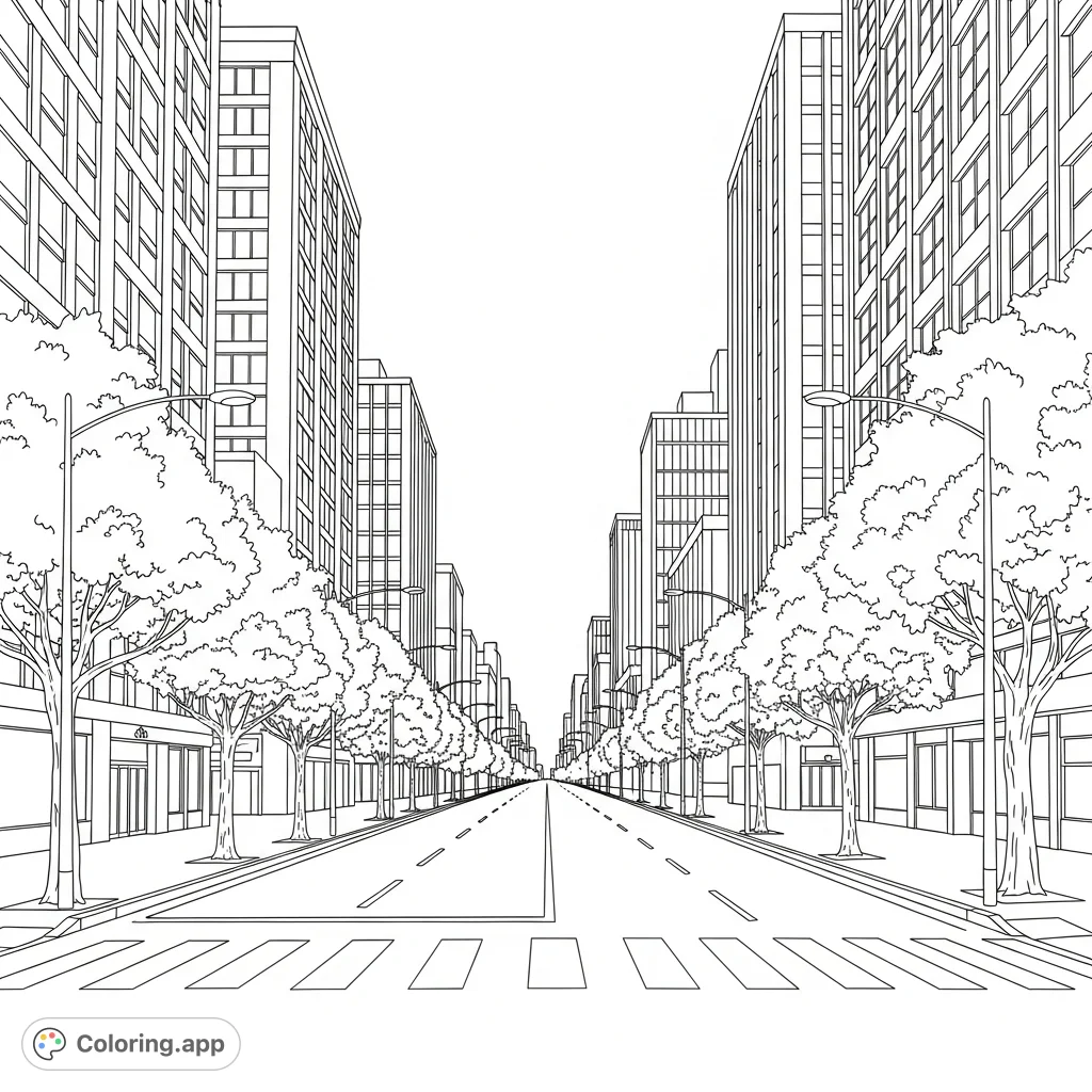 Explore a vibrant city street with a dramatic perspective, tall buildings, and lush trees. A detailed urban landscape awaiting your creative touch.