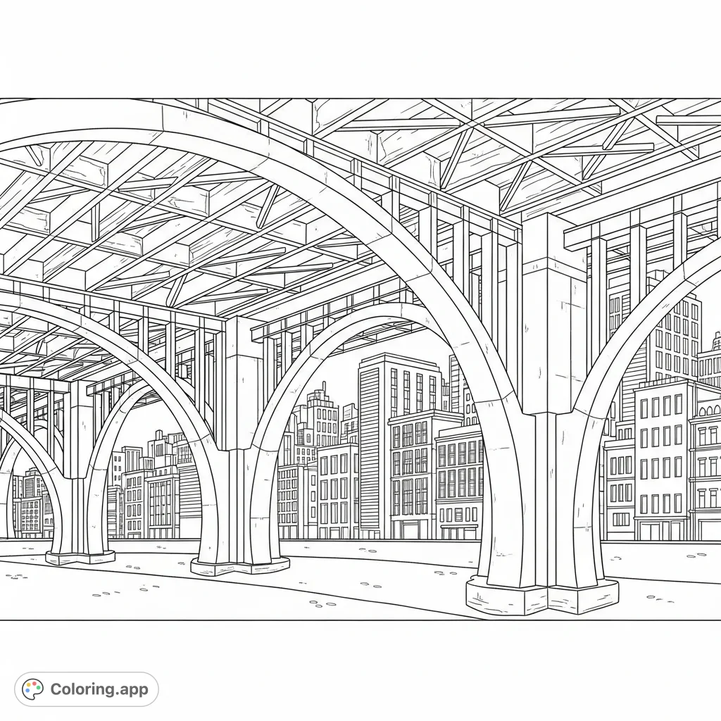 Explore an urban bridge underpass, featuring strong arches and intricate crossbeams. Detailed city buildings rise in the background, offering a captivating architectural scene.