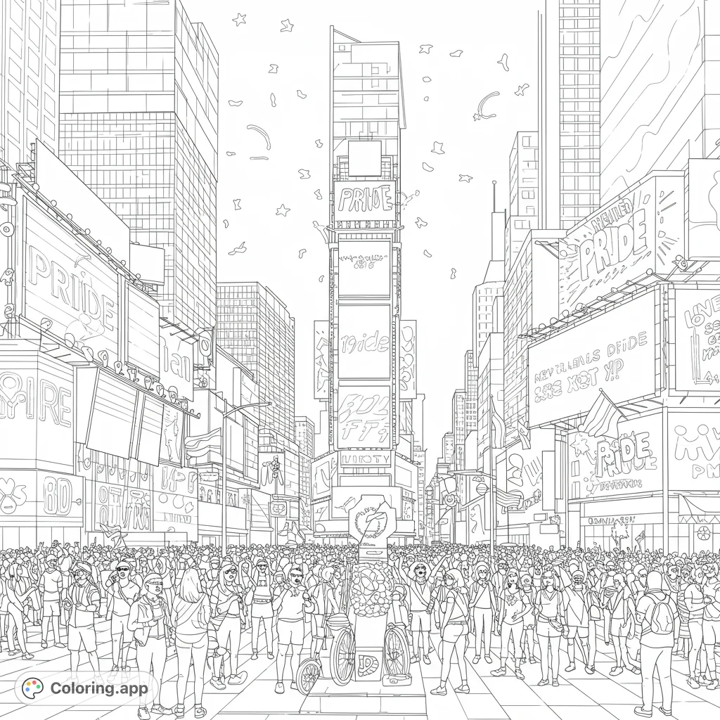 Immerse yourself in a vibrant urban celebration cityscape, featuring a diverse crowd, towering skyscrapers, and festive billboards. A detailed free printable coloring page.