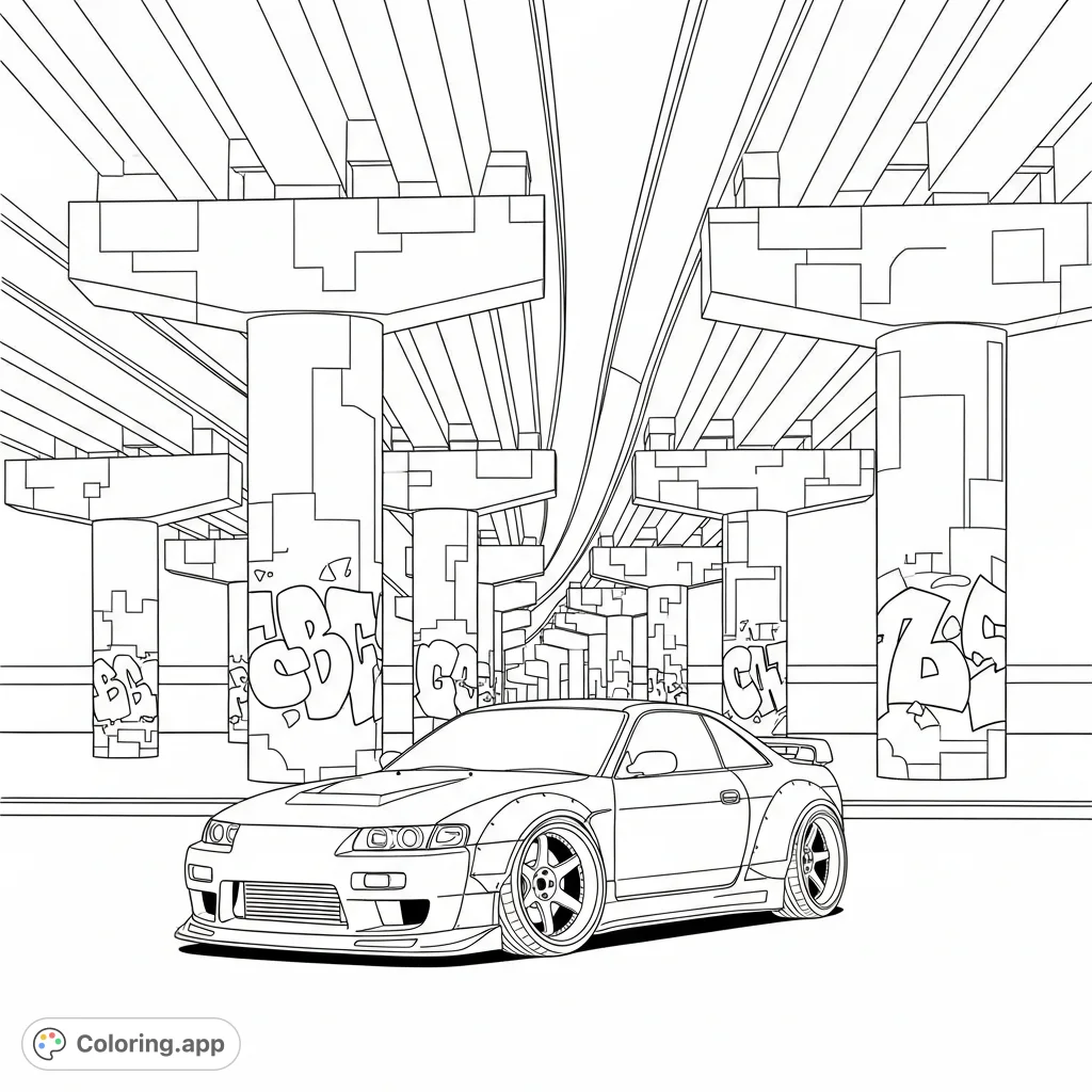 A stylish widebody coupe sits parked beneath a massive overpass, surrounded by bold, simplified graffiti and strong concrete pillars, ready for urban art.