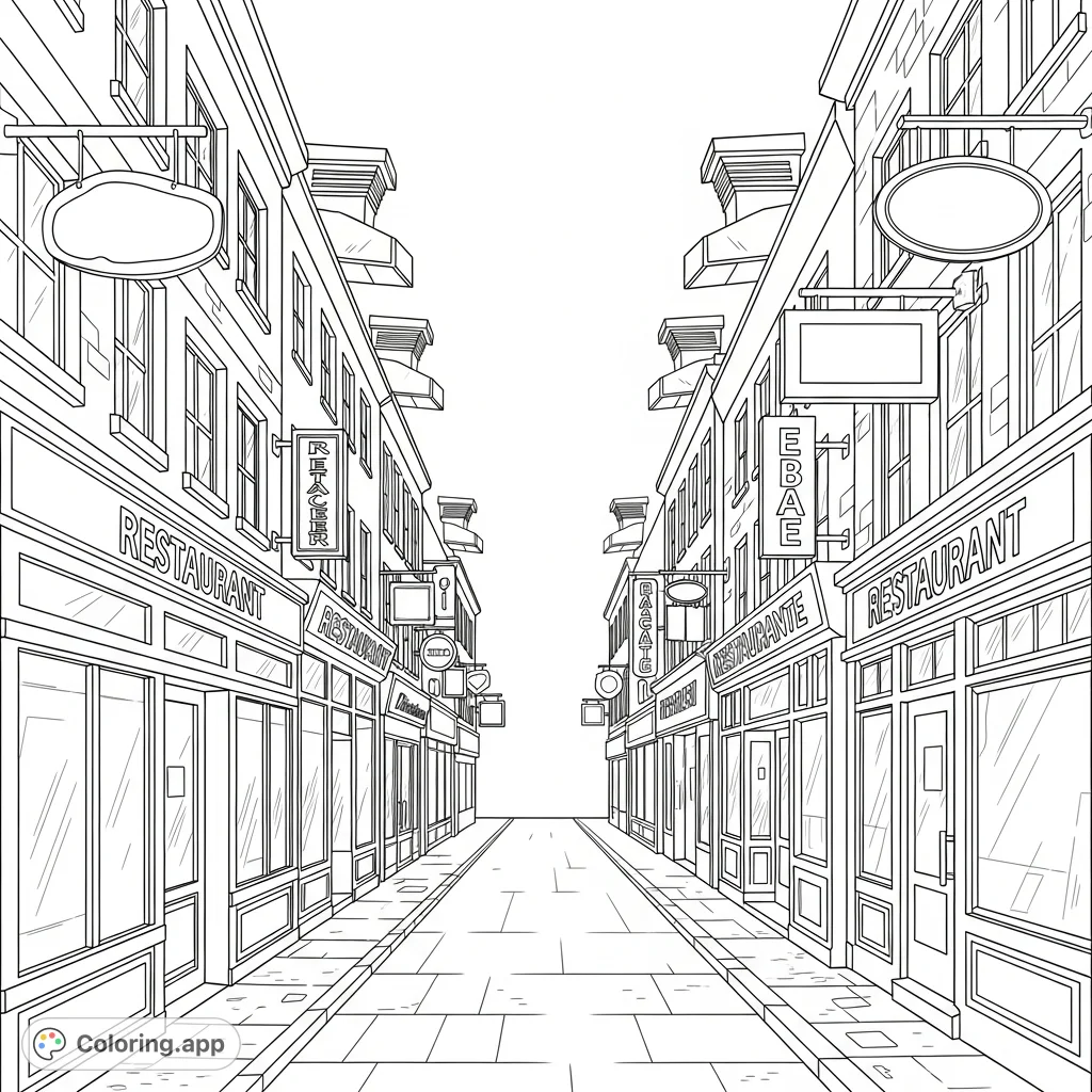Explore a charming narrow street filled with diverse restaurant storefronts, unique kitchen vents, and simplified signs. A delightful urban landscape for creative coloring.