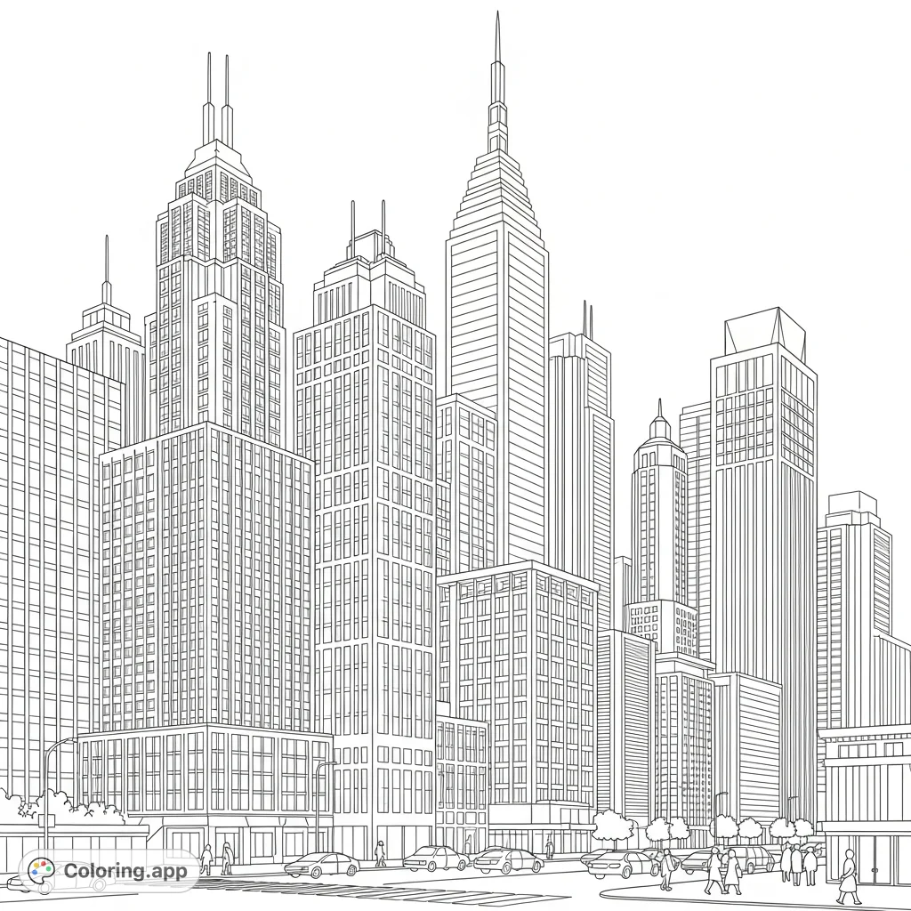 Explore a dynamic financial district coloring page featuring towering skyscrapers, intricate architectural details, and a bustling street scene.